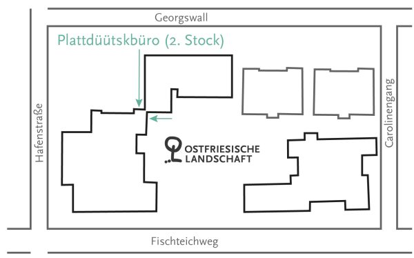 Lageplan der Ostfriesischen Landschaft mit Eingang des Plattdüütskbüros
